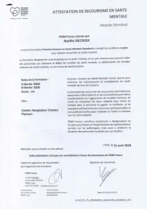 Noellie decroix PSSM France - premier secours en sante mentale - attestation avril 2026