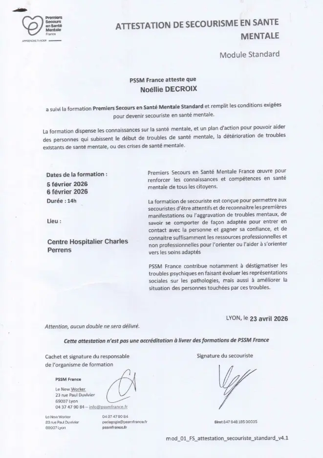 Noellie decroix PSSM France - premier secours en sante mentale - attestation avril 2026